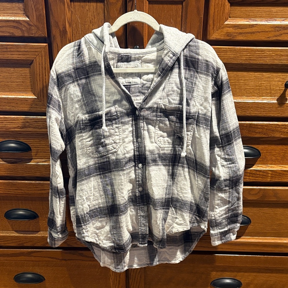American Eagle Plaid Hooded Shirt - Black and White S